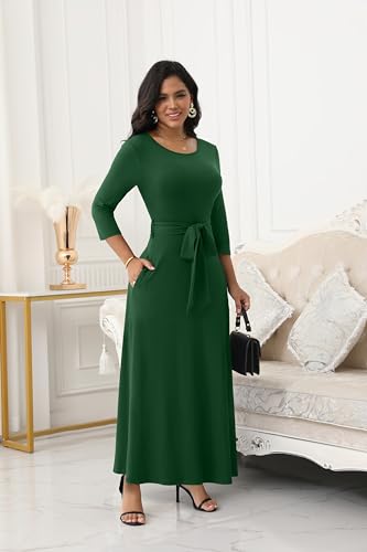 FANDEE Maxi Dress for Women 2026, Long Casual Empire Waist Dresses 3/4 Sleeve Round Neck with Belt XL Green - Image 4