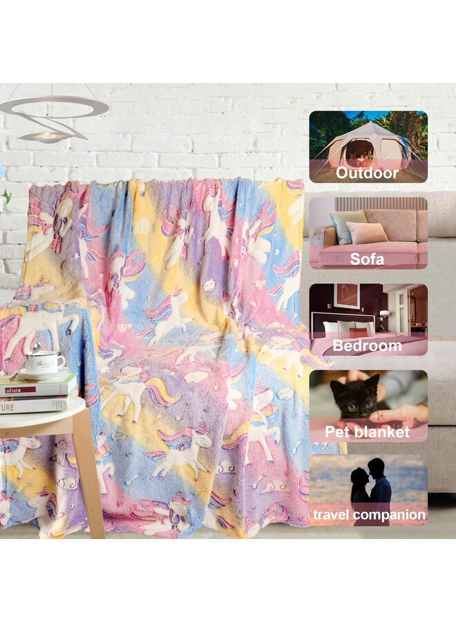 LAMAY Unicorn Glow in The Dark Blankets for Kids, Soft Fleece Blankets for Girls Toddler, Unicorns Gifts for Girls Age 3-12 50"x 60" - Image 1
