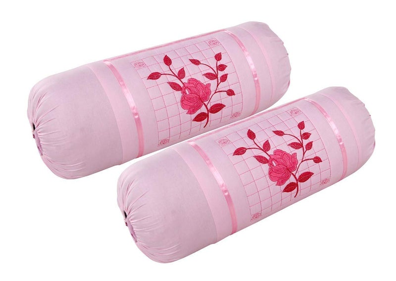 HSR Collection Embroidered 144 TC 100% Cotton 4 Piece Bolster Covers, 16"x 32", Pink - Image 2