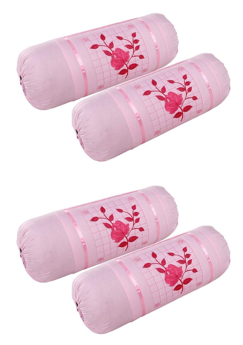 HSR Collection Embroidered 144 TC 100% Cotton 4 Piece Bolster Covers, 16"x 32", Pink - Image 4