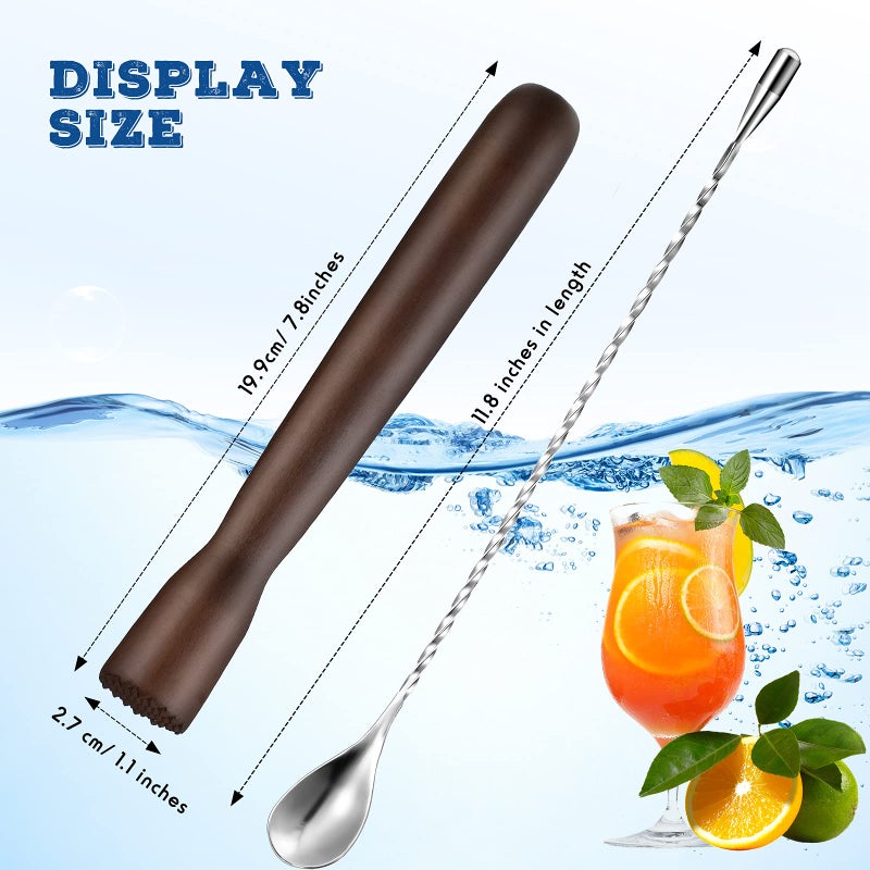 Patelai Wooden Cocktail Drinks Muddler Bar Muddler and 12 Inches Bar Spoon Stainless Steel Shaker Spiral Mixing Spoon for Making Cocktails Mojito Lemonade Drinks Juice - Image 2