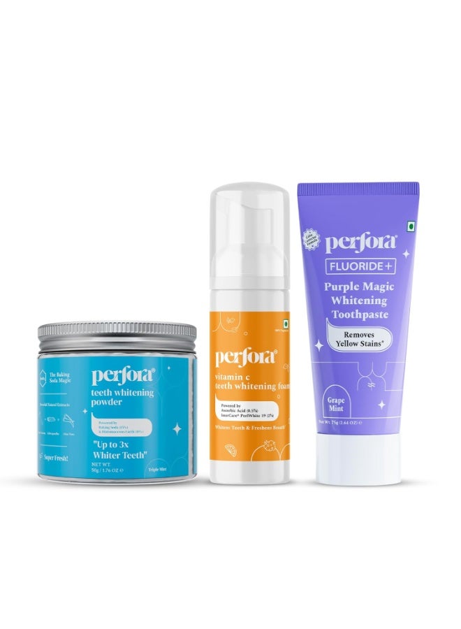 Perfora Teeth Whitening Powder 50g, Whitening Foam 50ml & Purple Toothpaste 75g | Complete Oral Brightening Kit | Enamel-Safe, Stain Removal & Effortless Daily Whitening for Radiant Smile - Image 1