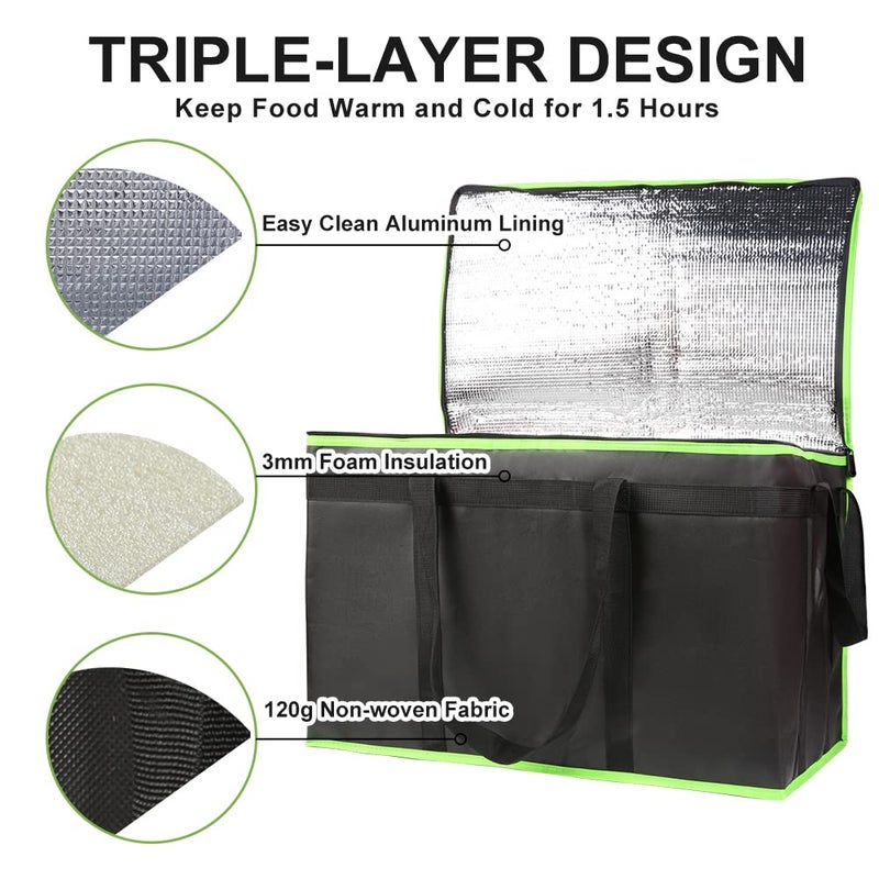 CIVJET 1-Pack Insulated Food Delivery Bag, XXX-Large Commercial Food Warmer for Delivery Drivers, Insulated Reusable Grocery Cooler/Hot Bags, Tote Bag for Shopping/Travel, Black with Green Edge - Image 4