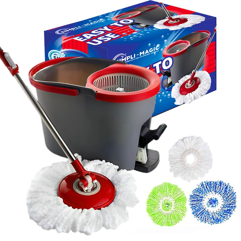 SIMPLIMAGIC 79349 Spin Mop Cleaning System with 3 Microfiber Mop Heads RedGRAYRedBlack