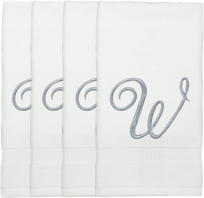 BC BARE COTTON منشفة أصابع مخصصة، هدية شخصية، 11 × 18 بوصة - مجموعة من 4 - تطريز فضي - فائقة الامتصاص 100% قطن تركي - ناعم تيري فلوار - للحمام والمطبخ والسبا - أبيض - Image 1