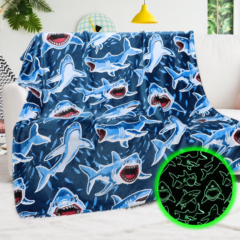 BORORO Shark Blanket Kids Boys Gifts, Shark Kids Toys for Boys Toddlers, Plush Cozy Blue Baby Fleece Throw Blanket with Hammerhead, Mako, White Whale Sharks for Toddlers Couch Bed 50x60 Inches - Image 1