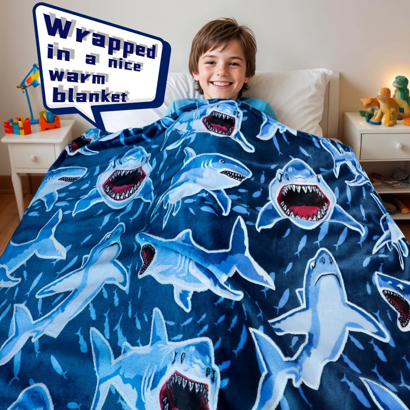 BORORO Shark Blanket Kids Boys Gifts, Shark Kids Toys for Boys Toddlers, Plush Cozy Blue Baby Fleece Throw Blanket with Hammerhead, Mako, White Whale Sharks for Toddlers Couch Bed 50x60 Inches - Image 2