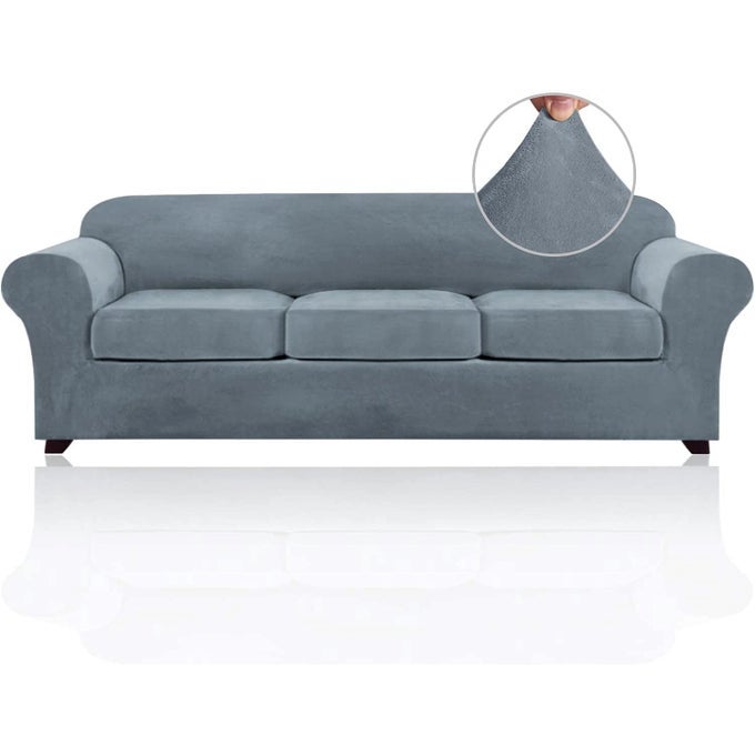 PRICEDECO VELVET XL COUCH COVER FOR OVERSIZED SOFA 4 PIECE SOFA COVERS FOR 3 CUSHION COUCH WASHABLE FURNITURE PROTECTOR WITH NON SLIP ELASTIC BOTTOM WIDTH UP TO 97 INCHXLARGE STONE BLUE