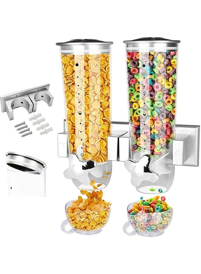 Arabest 2 Pack Cereal Dispensers, Wall Mounted Food Dispenser Large Capacity Candy Dispenser, Double Dry Food Dispensers Wall Mount, Grain Dispenser for Kitchen Storage Oatmeal Snack Coffee Beans Candy, Silver - Image 1