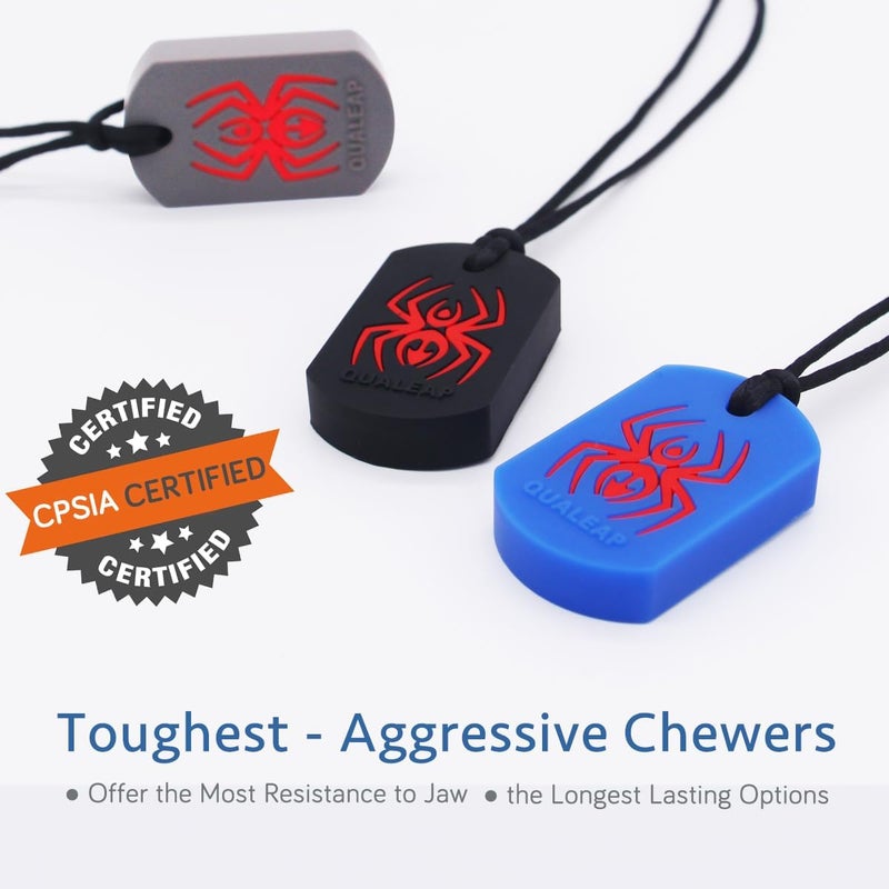 QUALEAP AMBER Xtra Tough (XT) Spider Sensory Chew Necklace for Kids (3 Pack) - Chewing Teething Necklace Teether Necklace Chew Toys - Designed for Chewing, Autism Sensory Teether Toy (Toughest - Aggressive Chewer) - Image 2