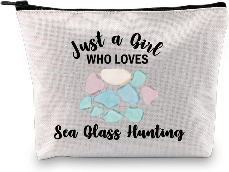 G2TUP Sea Glass Hunter Gift Who Love Sea Glass Hunting Makeup Bag Beach Glass Cosmetic Bag Beachcombing Life Gift Beachcomber Zipper Travel Bag (Who Love Sea Glass White Bag)