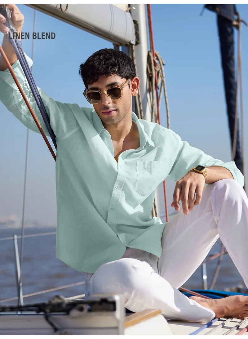 The Souled Store The Souled Store Men Ocean Blue Solid Regular Fit Cotton Linen Shirts