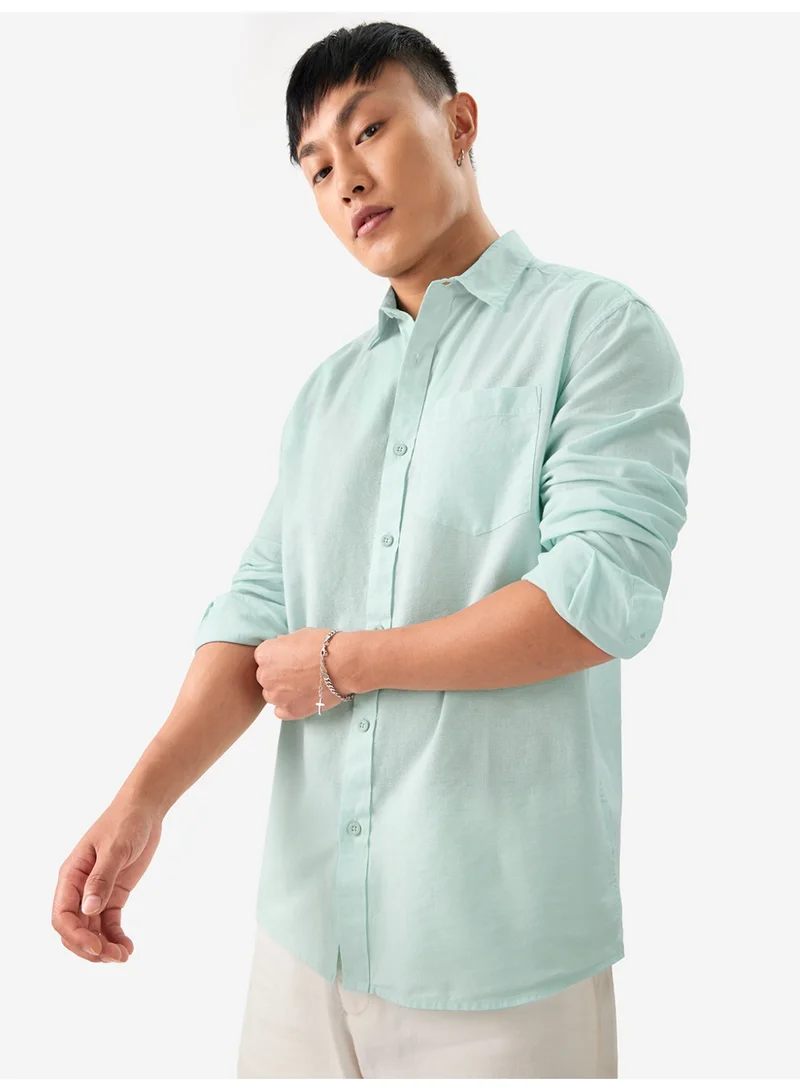 The Souled Store The Souled Store Men Ocean Blue Solid Regular Fit Cotton Linen Shirts