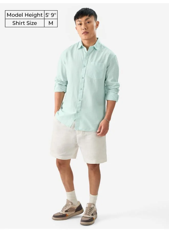The Souled Store The Souled Store Men Ocean Blue Solid Regular Fit Cotton Linen Shirts