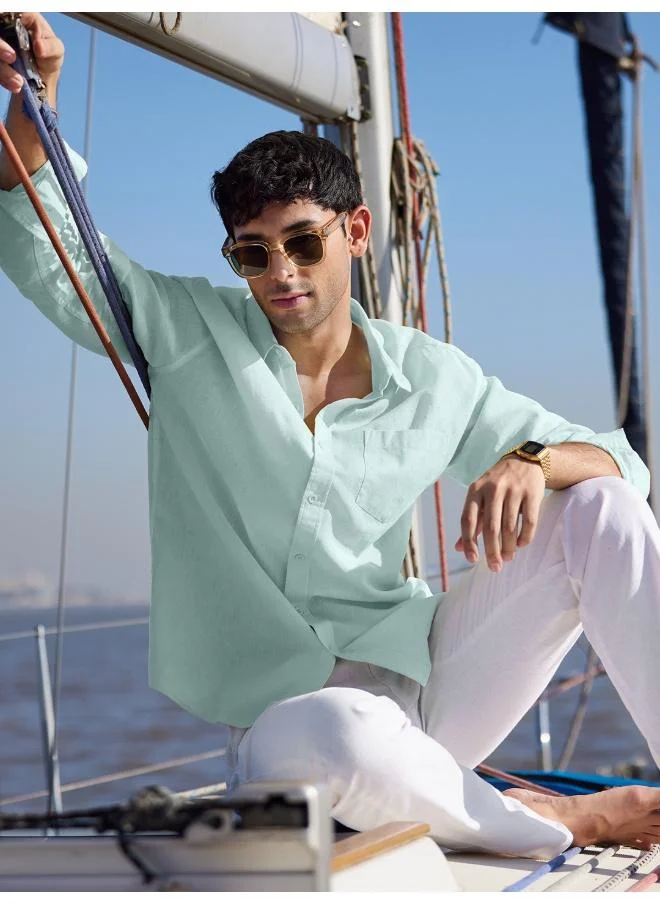 The Souled Store The Souled Store Men Ocean Blue Solid Regular Fit Cotton Linen Shirts