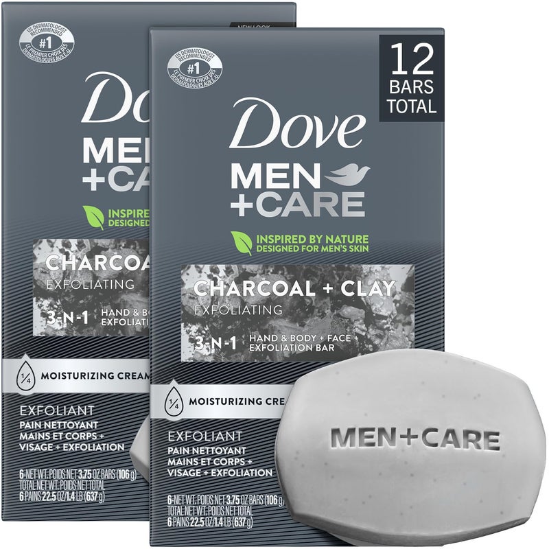 Dove Men+Care Body + Face Bar 2-Pack (12 Bars) â€“ Exfoliating 3-in-1 Charcoal Soap with Clay for Skin Care, Hands & Shaving, 3.75 Oz Ea - Image 1