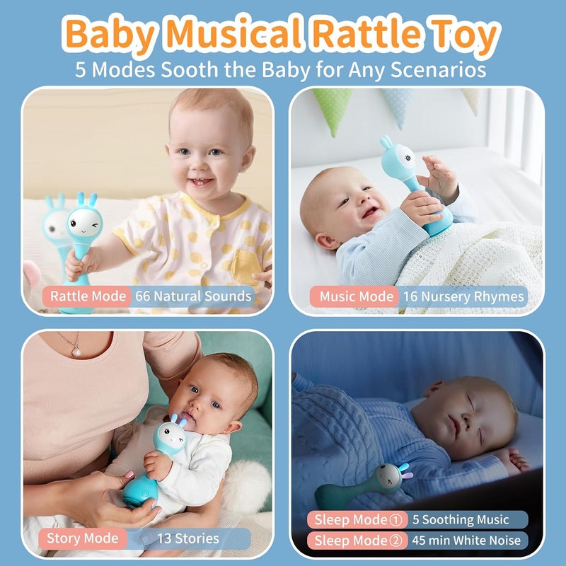 alilo Smarty Baby Toys 0-12 Months Baby Rattle for Music Bedtime Stories Sleep Soother Rechargeable Light Up Toys Soft Ears Baby Teething Toys for 0-2 Years Newborn Infants Gifts for Girls Boys, Blue - Image 3