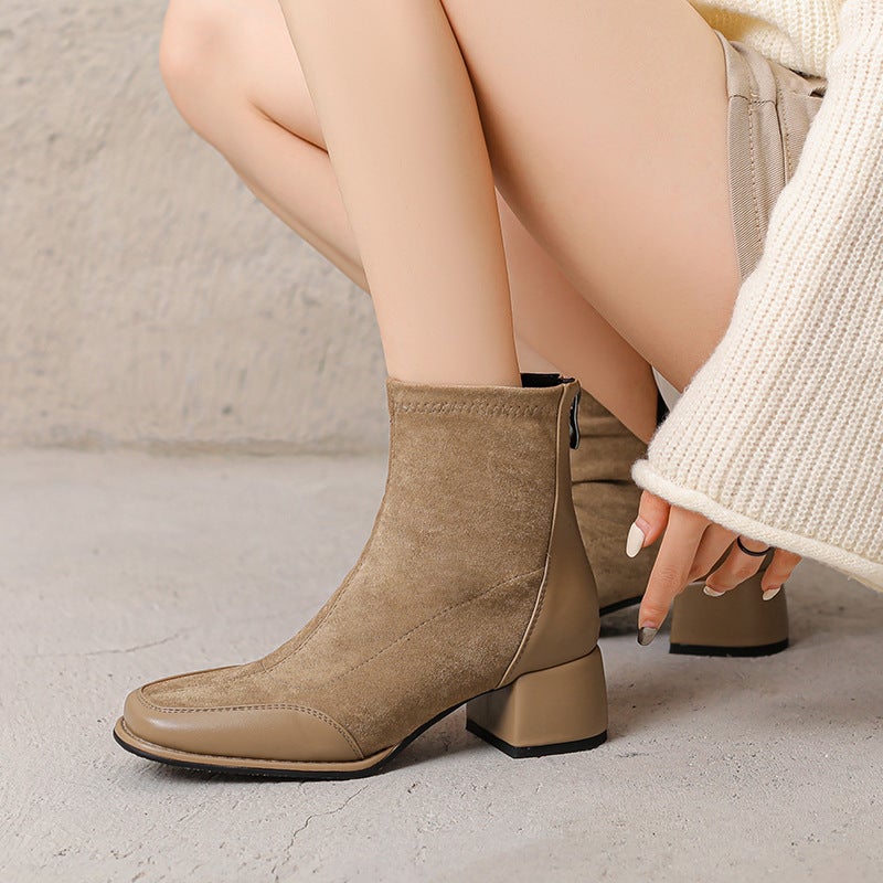 All-Match Low Boots 2024 Casual Mid-Heel 33-43 British Style Square Head Stitching Ankle Boots For Women - Image 2