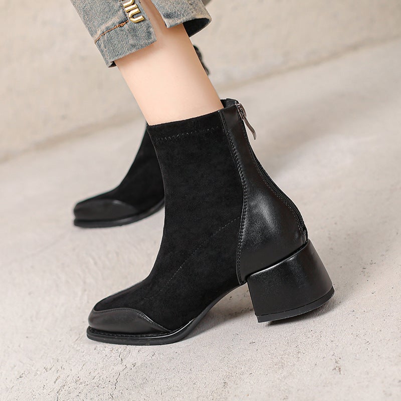 All-Match Low Boots 2024 Casual Mid-Heel 33-43 British Style Square Head Stitching Ankle Boots For Women - Image 3