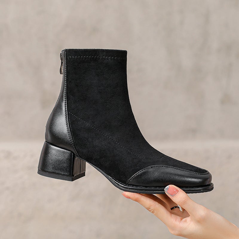 All-Match Low Boots 2024 Casual Mid-Heel 33-43 British Style Square Head Stitching Ankle Boots For Women - Image 5