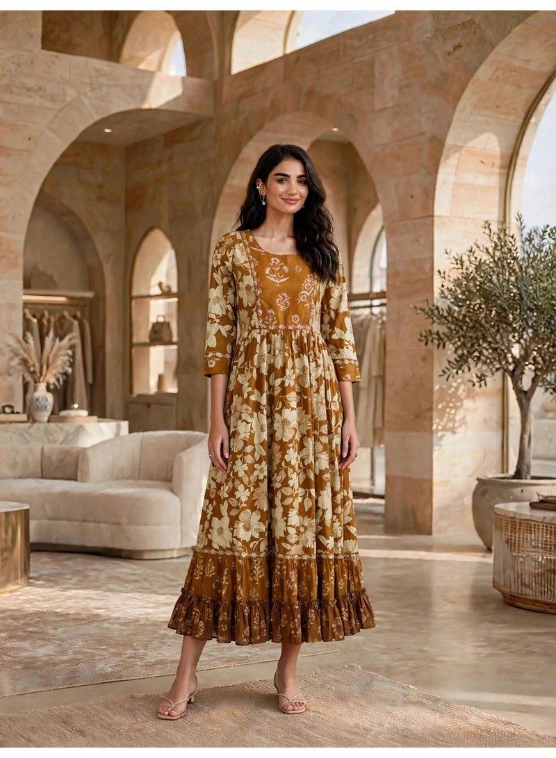 IKKXA Vintage Floral Flared Midi Jalabiya IK34Yellow - Image 1