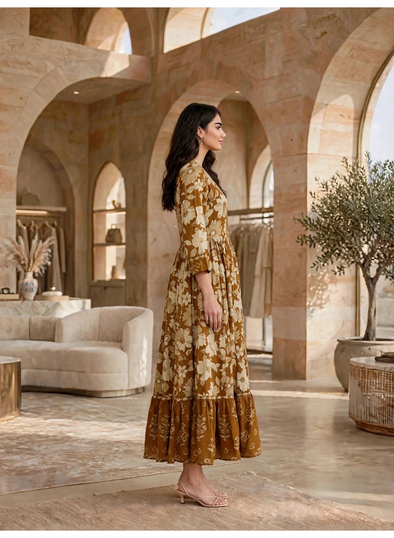 IKKXA Vintage Floral Flared Midi Jalabiya IK34Yellow - Image 3