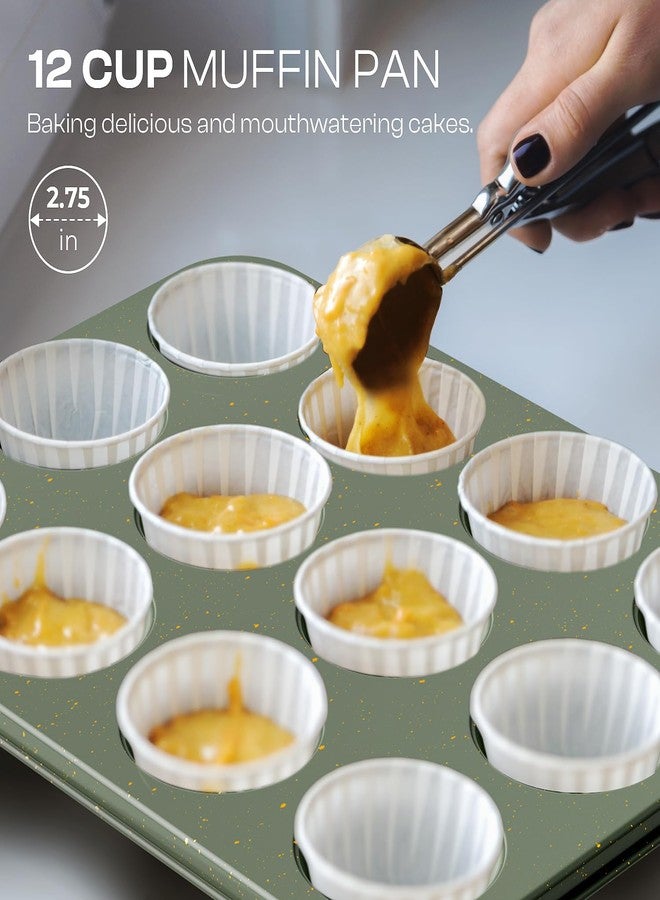 Slow Slog 12-Piece Nonstick Baking Set, Non-Toxic Bakeware Sets with Baking Sheet, Cake Pan, Square Pan, Loaf Pan, Roasting Pan, Muffin Pan, Cookie Sheet, Cooling Rack & Kitchen Utensilss - Ceramic Coated Green - Image 5