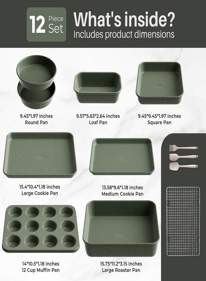 Slow Slog 12-Piece Nonstick Baking Set, Non-Toxic Bakeware Sets with Baking Sheet, Cake Pan, Square Pan, Loaf Pan, Roasting Pan, Muffin Pan, Cookie Sheet, Cooling Rack & Kitchen Utensilss - Ceramic Coated Green - Image 2