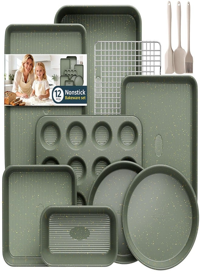 Slow Slog 12-Piece Nonstick Baking Set, Non-Toxic Bakeware Sets with Baking Sheet, Cake Pan, Square Pan, Loaf Pan, Roasting Pan, Muffin Pan, Cookie Sheet, Cooling Rack & Kitchen Utensilss - Ceramic Coated Green - Image 1