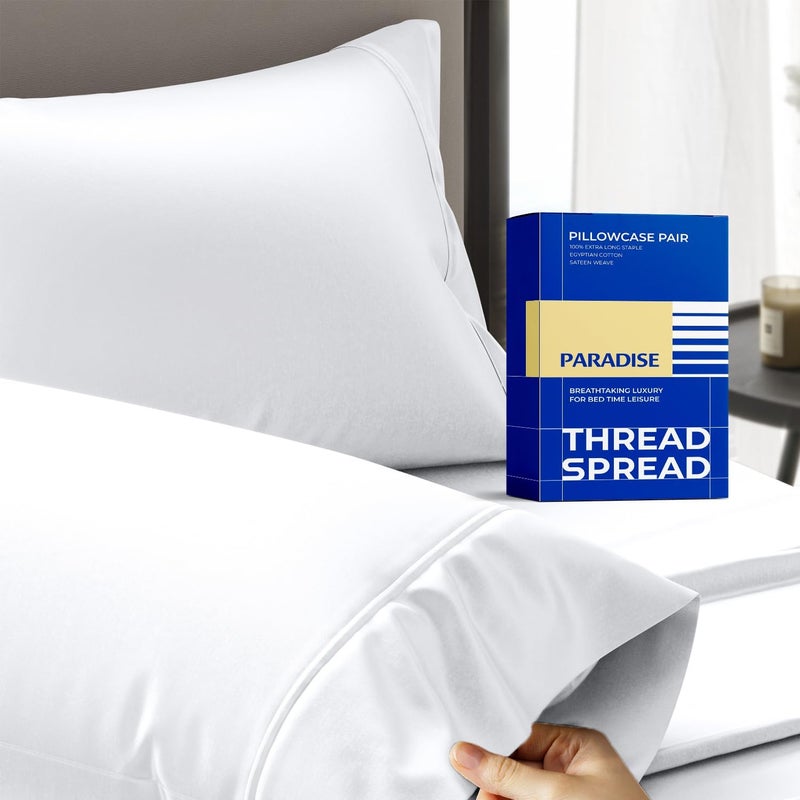 THREAD SPREAD سبريد الخيط 100% قطن مصري أغطية وسائد مقاس قياسي/كوين مجموعة من 2 - 1000 عدد خيوط غطاء وسادة - ناعم، مبرد، أبيض ساطع مجموعة وسائد من 2 للوسائد القياسية/كوين - Image 1