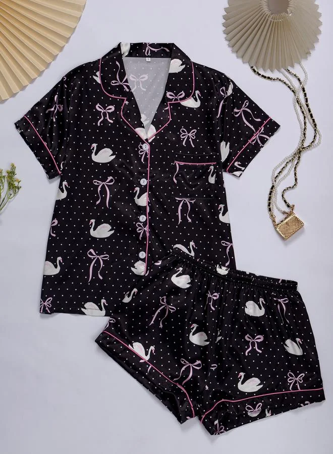 Take Two Black Graphic Print Shirt and Shorts Pajama Set