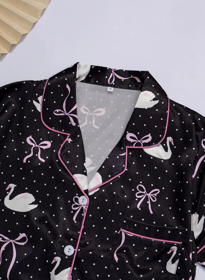 Take Two Black Graphic Print Shirt and Shorts Pajama Set