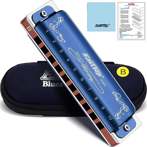 East top Diatonic Harmonica Key of B, 10 Holes 20 Tones 008K Blues Mouth Organ Harmonica with Blue Case, Standard Harmonica For Adults, Professionals and Students - Image 1