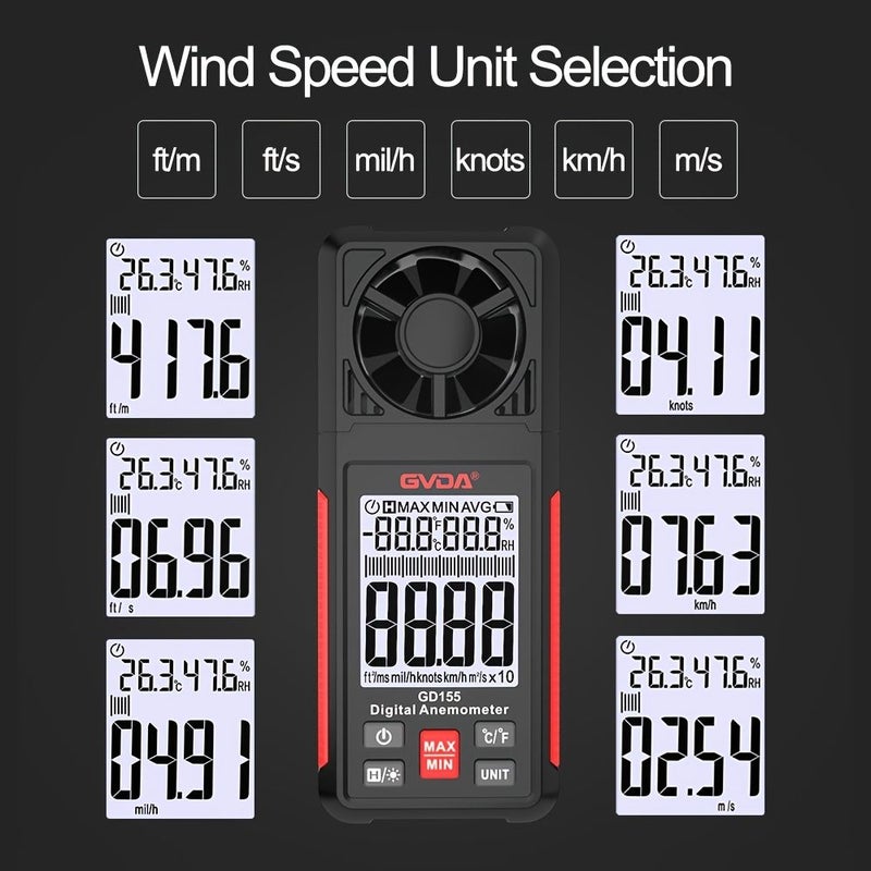 مقياس شدة الرياح الرقمي GD155 المحمول مع شاشة LCD مضيئة لقياس سرعة الرياح ودرجة الحرارة ودرجة البرودة الناتجة عن الرياح - Image 5