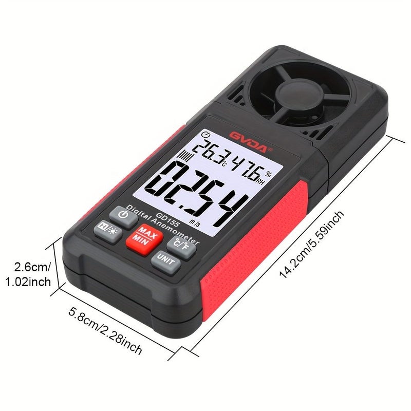 مقياس شدة الرياح الرقمي GD155 المحمول مع شاشة LCD مضيئة لقياس سرعة الرياح ودرجة الحرارة ودرجة البرودة الناتجة عن الرياح - Image 2