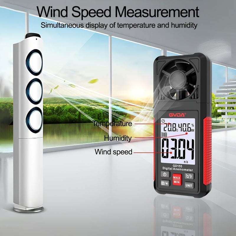مقياس شدة الرياح الرقمي GD155 المحمول مع شاشة LCD مضيئة لقياس سرعة الرياح ودرجة الحرارة ودرجة البرودة الناتجة عن الرياح - Image 3