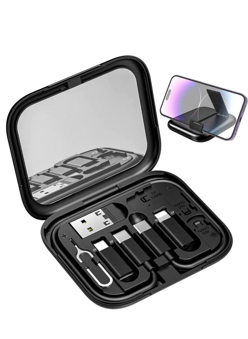 Zikra USB Adapter Cable Conversion Storage Box, USB C to USB C/Micro USB/IP Port/USB A Cable Converter, Data Transfer Tool Contains Card Slot Tray Eject Pin and Makeup Mirror, Use as Phone Holder (Black) - Image 1