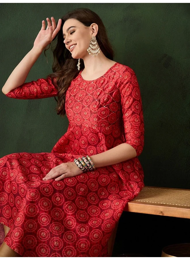 أيه كيه إس Red Muslin Digital Print Anarkali with yoke detail
