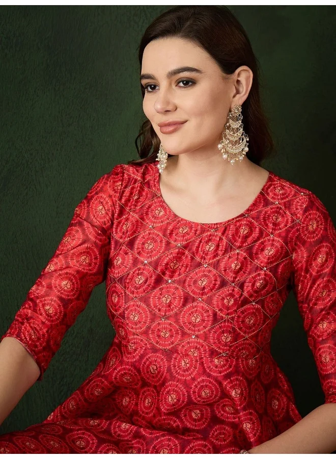 أيه كيه إس Red Muslin Digital Print Anarkali with yoke detail