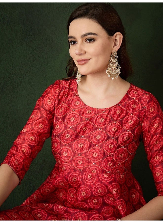 أيه كيه إس أناركالي موسلين أحمر بطباعة رقمية وتفاصيل يوك - Image 2