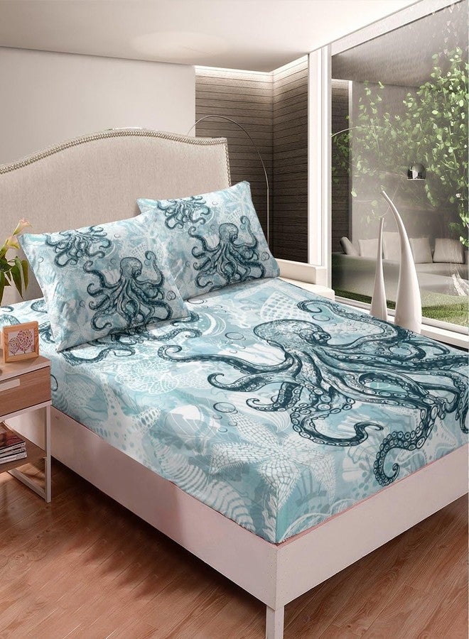 Feelyou Octopus Fitted Sheet Twin Size, Ocean Octopus Bedding Set Sealife Bed Sheet Set for Kids Boys Girls Ocean Animal Bed Cover (1 Pillow Case and a Fitted Sheet) - Image 2