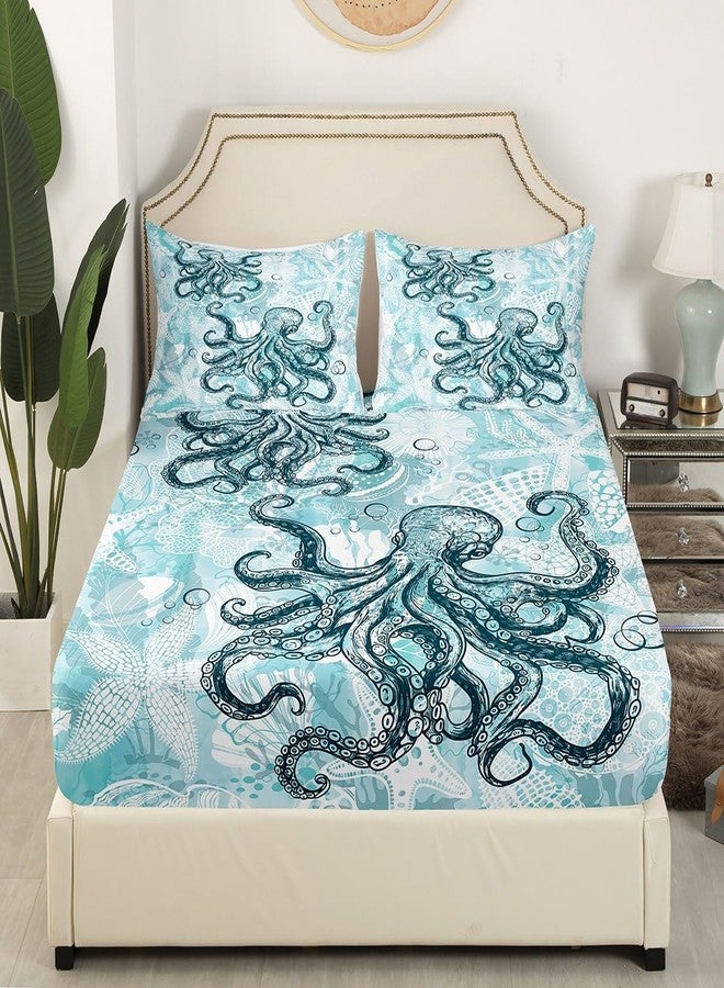 Feelyou Octopus Fitted Sheet Twin Size, Ocean Octopus Bedding Set Sealife Bed Sheet Set for Kids Boys Girls Ocean Animal Bed Cover (1 Pillow Case and a Fitted Sheet) - Image 3