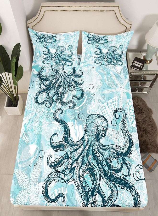 Feelyou Octopus Fitted Sheet Twin Size, Ocean Octopus Bedding Set Sealife Bed Sheet Set for Kids Boys Girls Ocean Animal Bed Cover (1 Pillow Case and a Fitted Sheet) - Image 1