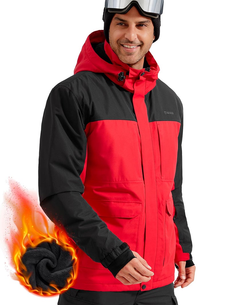 FREE SOLDIER Mens Waterproof Ski Jacket Fleece Lined Warm Winter Snow Coat with Hood Fully Taped SeamsUrban RedL
