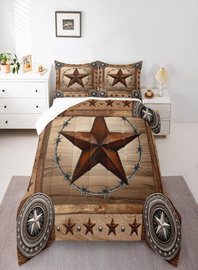 Man Fei Western Texas Star Kids Comforter Set Queen Size,Rustic Wooden Door Farmhouse Bedding Set,Girls Boys Adults Room Decor,Western Cowboy Tribal Down Comforter,Brown Retro Duvet Insert,2 Pillowcases - Image 5