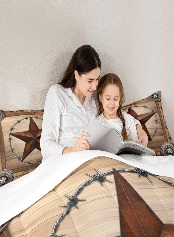 Man Fei Western Texas Star Kids Comforter Set Queen Size,Rustic Wooden Door Farmhouse Bedding Set,Girls Boys Adults Room Decor,Western Cowboy Tribal Down Comforter,Brown Retro Duvet Insert,2 Pillowcases - Image 2
