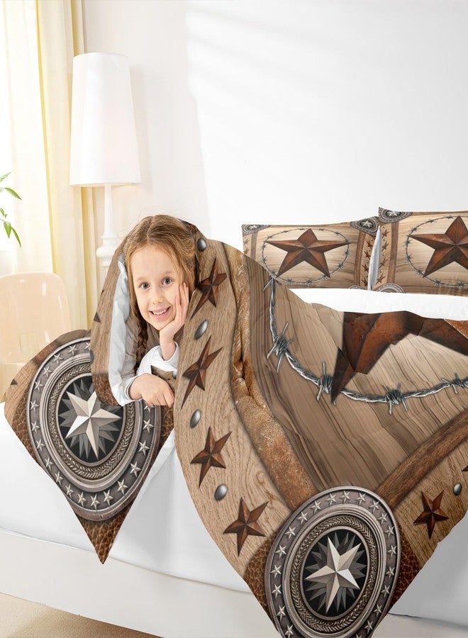 Man Fei Western Texas Star Kids Comforter Set Queen Size,Rustic Wooden Door Farmhouse Bedding Set,Girls Boys Adults Room Decor,Western Cowboy Tribal Down Comforter,Brown Retro Duvet Insert,2 Pillowcases - Image 3