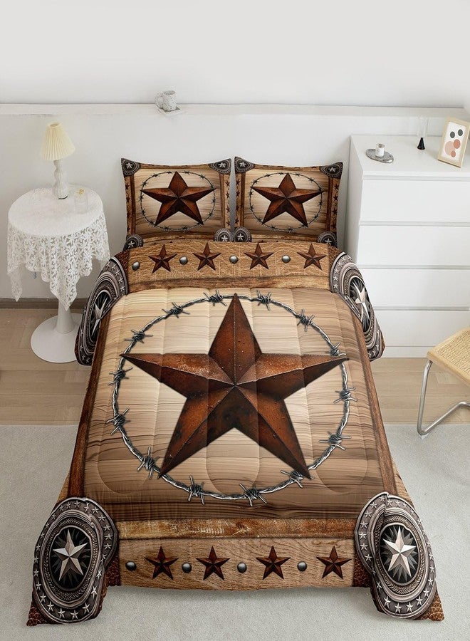 Man Fei Western Texas Star Kids Comforter Set Queen Size,Rustic Wooden Door Farmhouse Bedding Set,Girls Boys Adults Room Decor,Western Cowboy Tribal Down Comforter,Brown Retro Duvet Insert,2 Pillowcases - Image 4