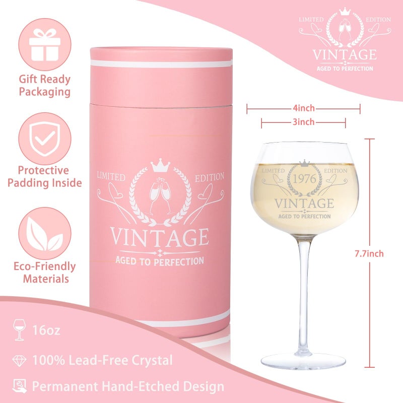 Ithmahco 50TH Birthday Gifts for Women, Vintage 1976 Engraved 50th Wine Glass Present for Her, 50 Year Old Birthday Decorations Gifts for Women, Bday Gift Idea for Her Friends Mom Sister - Turning 50 - Image 2
