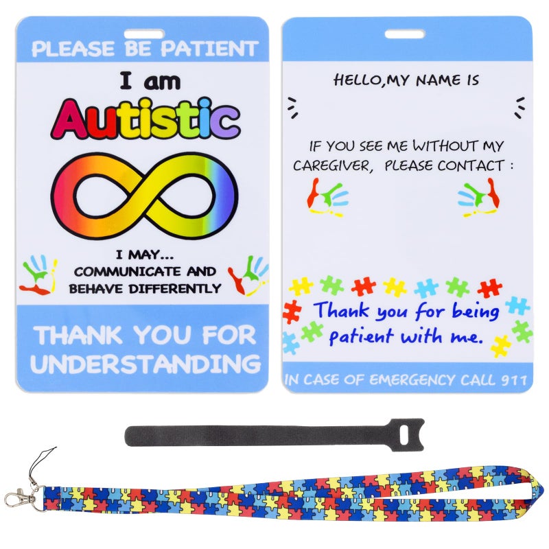 Niuohoy 2 Pack Autism Safety Tag Card, Necklace Custom Text Autism Alert Card, Autism Alert Card, Autism Card with Writable Panel and Autism Patterned Lanyard, with Hook and Loop - Image 1